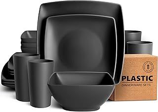 Teivio 16-Piece Kitchen Reusable Plastic Square Dinner Set, Service for 4, Dinner Plate, Dessert Plate, Cereal Bowl, 20 oz Cup, Unbreakable Plastic Plates and Bowls Set, Outdoor Camping Dishes, Black