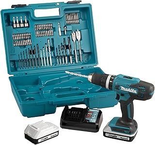 Makita HP488DAEX1 18V G-Series Combi Drill Complete with 2 x 2.0 Ah Batteries, Charger and 74 Piece Bit Set Supplied in a Carry Case, White, Grey