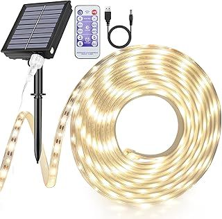 5M Led Strip Lights 300 LEDs, Solar Flexible LED Strip Light Warm White Solar Powered Rope Lights with Remote & 8 Modes Waterproof for Garden Party Gazebo Bedroom, Kitchen, Indoor, Outdoor Decor