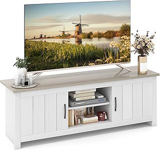 COSTWAY TV Stand TVs up to 65 Inches, Wooden TV Cabinet Media Entertainment Center w/ 2 Doors and Storage Shelves, 145cm Modern TV Unit Console Table Living Room Bedroom (Light Grey+White) (42401VH)