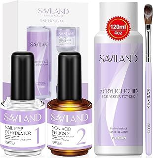 Saviland Acrylic Monomer Liquid Kit - Monomer Kit with 120ml Liquid, Nail Dehydrator, Acrylic Brush for Powder, Gel, and Extension