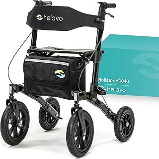 Helavo Foldable All Terrain Walker with Seat - Outdoor Walker for Seniors with Large 12" Pneumatic Tires for Perfect Comfort on All Surfaces