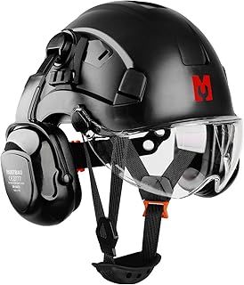 Construction Hard Hats Ventilated Safety Helmet with Clear Visor,Hearing Protection,Earmuffs and Chin Strap,53 to 63 cm Adjustable Hard Hat for Forestry, Chainsaw, Industrial