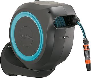 Gardena Wall-Mounted Hose Box Rollup M 20 m: Flexible Watering for Medium-Sized Gardens, Swivel Hose Reel, with Wall Bracket, System Parts and Nozzle, Including 20 m Gardena Hose (18610-20)
