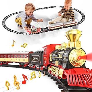 Hot Bee Electric Train Set, Battery-Powered Train with Steam, Sound, LED Lights, Track, Classic Model Railway, Childrens Train Set, Childrens Train Set, Electric Train Sets for Kids, Gifts for Boys 3+