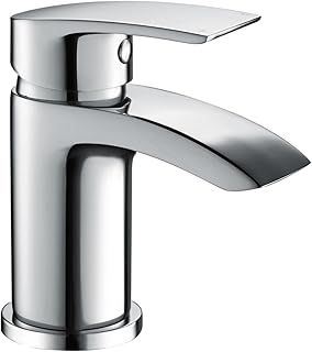 Basin Taps Mixers Waterfall Bathroom Sink Mixer Tap Mono Chrome Brass Monoblock Small Cloakroom Faucet with G1/2’’ Hoses Single Lever Modern