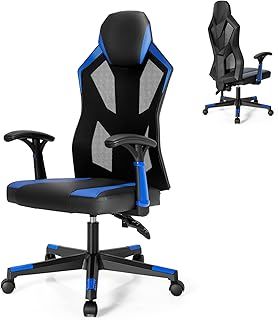 CASART Ergonomic Gaming Chair, Swiveling Computer Chair with Adjustable Backrest & Armrests, Rolling High-Back Mesh Racing Chair for Home Office (Black+Blue)