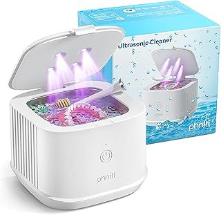 Ultrasonic Retainer Cleaner, Phniti 48kHz Professional Ultrasonic Jewellery Cleaner for Retainers, Jewellery, Dentures, Mouth Guard, Aligner, Toothbrush Heads, 13OZ Portable Dental Cleaning-White