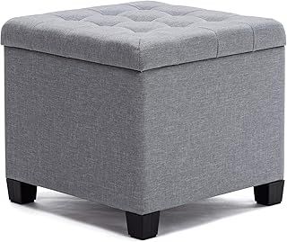 Pouffe Footstool Ottoman Storage Box, 45cm Cube Strong Wooden Frame Linen Living Room Foot stool, Toy Chest, Dressing Stool Seat Chair with Lids for Bedroom (Light Grey)