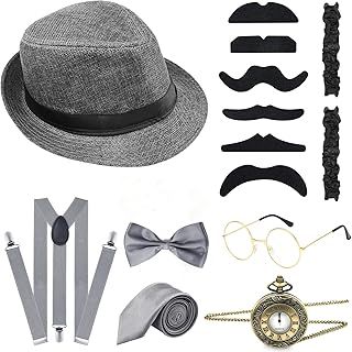 ELECLAND 10 Pieces 1920s Men Costume Accessories Set Roaring Retro Gangster Costume, Hat, Bow Tie, Pocket Watch, Suspender, Glasses, Beard, Armband Garters, Pocket Watch