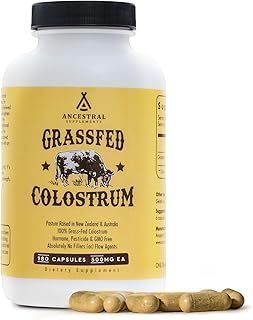 Ancestral Supplements Grass Fed Beef Colostrum Supplement, Offers Immune Support and Promotes Gut Health, Athletic Performance, Healthy Iron Levels, Growth and Repair, Non-GMO, 180 Capsules