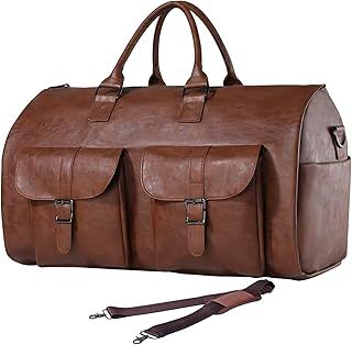 seyfocnia Carry On Garment Bag, Waterproof Mens Garment Bag for Travel Business, Large Leather Duffel Bag with Shoe Compartment -Brown