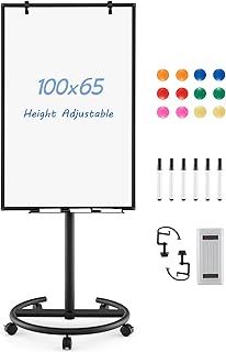 CASART Flip Chart White Board, Height Adjustable Dry Erase Board with Stand, Eraser, Magnets & Paper Clips, 100 x 65 CM Mobile Magnetic Whiteboard for Home Office Classroom (Black)