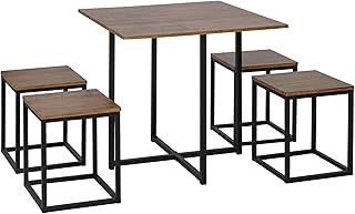 HOMCOM 5 Piece Dining Table and Chairs Set 4, Industrial Space Saving Table and Chairs with Metal Frame, Square Kitchen Table and Stools for Dining Room, Brown