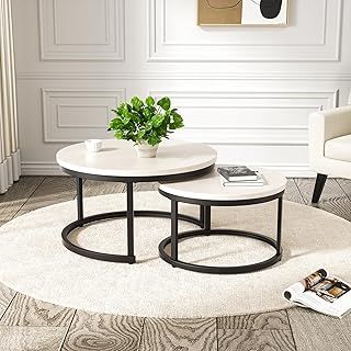 Round Nesting Coffee Table Set of 2, Side Table for Living Room, Multi-functional Side Table with Metal Frame, /Living Room/Bedroom Black