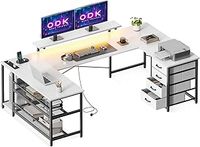 ODK Corner Desk with Drawers, Reversible L Shaped Computer Desk with LED Lights, Gaming Table with Powers Outlets for Home Office White, 167×102 cm