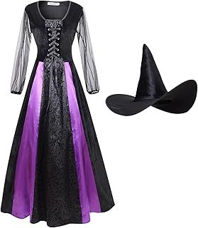 Women Witch Costume Set,Adult Cosplay Fancy Dress Wicked Witch Hat+Dresses Halloween Costumes Outfits for Womens