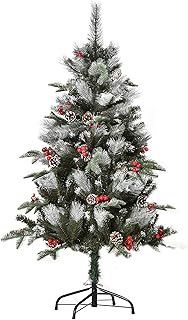 HOMCOM 4FT Artificial Snow Dipped Christmas Tree Xmas Pencil Tree Holiday Home Party Decoration with Foldable Feet Red Berries White Pinecones, Green