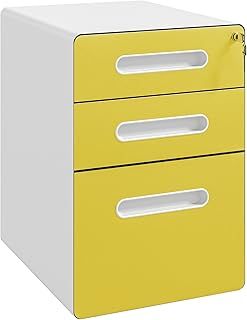 Vinsetto Lockable File Cabinet with 3 Drawers, Vertical Office Drawer for A4, Letter, Legal Size, Anti-tilt Design, Pre-Assembled Body, Yellow