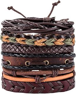 6 Pcs Leather Bracelet, Punk Braided Men & Women Rope Bracelet, Adjustable Fashion Leather Bracelet, Vintage Bracelets Wrap Set for Men Women Wood Beads Bracelet