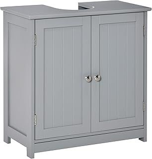 kleankin 60x60cm Under-Sink Storage Cabinet w/Adjustable Shelf Handles Drain Hole Bathroom Cabinet Space Saver Organizer Grey