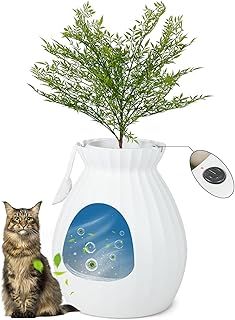 COSTWAY Cat Litter Box Enclosure, Plant Hidden Litter Box Furniture with Electronic Odor Removal System, Includes Artificial Plants, Door Curtain, Scoop, Easy to Clean