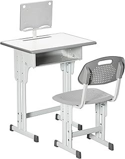 HOMCOM Kids Desk and Chair Set Adjustable Height Study Table Set w/Drawer, Book Stand, Pen Slot - Grey