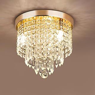 Modern K9 Crystal Chandelier - φ250mm 3-Tier Crystal Raindrop Beaded Shade, Flush Mount Ceiling Light for Dining Room, Bedroom, Living Room, Hallway (Gold)