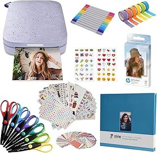 HP Sprocket Portable 2x3 Instant Photo Printer (Lilac) Bundle: Stickers, Markers, 20 Pack Zink Paper, Scrapbook, Stickers, Scissors