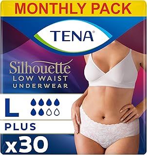 TENA Silhouette Plus Low Waist, 30 pairs of Incontinence Pants (10 x 3 Packs) for Moderate to Heavy Bladder Weakness for Women, Designed for Stylish Protection, White, Large, Fits Waist 95cm - 125cm