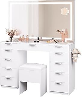 YITAHOME Dressing Table & Stool set,Vanity Table w/ 3-Color LED Lights Mirror,Lights Brightness Adjustable,Transparent Glass Top Makeup Table with 11 Drawers,Power Outlet,Whtie Makeup Desk for Bedroom