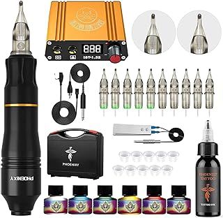 Phoenixy Tattoo Kit, Tattoo Gun Machine Kit Rotary Tattoos Pen Switch Power Supply 10 Cartridge Needles 7 Colours Permanent Tattoos Ink Tattoo Gun Kits for Beginners (PH-01)