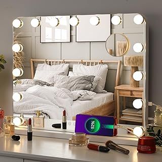 Hollywood Vanity Mirror, 58x46 cm Light Up Makeup Mirror with 15 LED Dimmable Bulbs, 3 Color Lighting Modes, Touch Control 10X Magnifying Tabletop and Wall Mounted Makeup Mirror for Bedroom