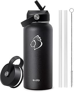 Insulated Water Bottle with Straw, 1L Stainless Steel Water Bottle with Straw Lid and Flex Cap Cold for 48 Hrs, Hot for 24 Hrs Double Wall Wide Mouth BPA Free Leak Proof, Black
