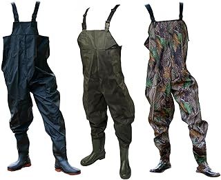 DNA Leisure New Green Camo or Black PVC Flood Fly Carp Coarse Fishing Working Chest Waders with Elastic Quick Release Buckle Straps and Anti-Slip Moulded Boots/Wellies EU 41 42 43 44 45 46 UK 7 8 9 10 11 12