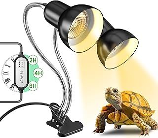 GlowUp Tortoise Heat Lamp,Dual-Head Reptile Heat Lamp with Cycle Timer,360° Rotatable Reptile Heat Lamp Holder,Heat Lamp with Clamp for Lizard,Chick,Bearded Dragon-No Bulb