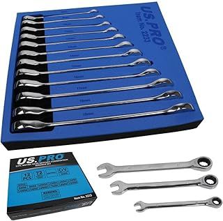 US PRO B2233 Professional Trade Quality 12 Piece Metric Combination Ratchet Spanner Set, 8-19mm