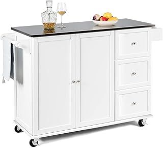 COSTWAY Large Kitchen Storage Trolley, Rolling Island Cart with Stainless Steel Countertop, Adjustable Shelves & 5 Wheels, Home Dining Room Serving Utility Organiser Cabinet, 136x46x91cm (White)