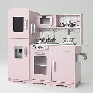 Kidoz Signature Kids Wooden Kitchen, Large Pretend Role Play Kitchen With Realistic Oven, Microwave and Sink With Taps, Kitchen Playset With Sounds And Lights For Kids (Pink Kitchen With Utensils)