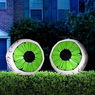 2 Pack Huge Halloween Inflatable Green Eyeball LED Light Up Bloodshot Eyeballs Blow Up Yard Decoration for Halloween Party Indoor, Outdoor, Garden, Lawn, Yard Decoration (3 Ft Diameter)