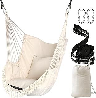 Chihee Hammock Chair Hanging Swing 2 Seat Cushions Included,Strong Webbing Straps and Hooks for Easy Hanging Soft Cotton Weave Hanging Chair Side Pocket Large Tassel Chair Set Comfort Indoor Outdoor