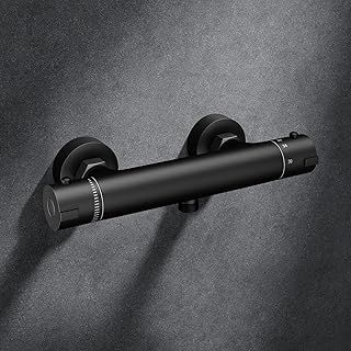 MORADO Black Thermostatic Shower Mixer,Black Round Shower Mixer Bar, Wall Mounted Shower Bar with Anti Scald Control,Solid Brass,Matte Black