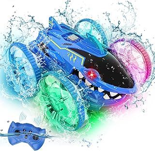 HappyGoLucky Shark Amphibious Remote Control Cars with LED Lights, 360 Flips RC Car Toys for 3 4 5 6 7 8 Year Old Boy Gifts, Monster Truck Toys Boys Toys Age 3-8, Presents Gifts for 4-9 Year Old Boys