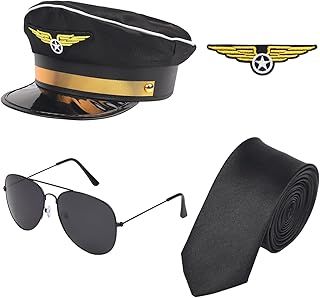 NAUZE 4 Pieces Halloween Pilot Costume Set Aviator Hat Badge Tie Glasses Airline Captain Fancy Dress Costume Accessory