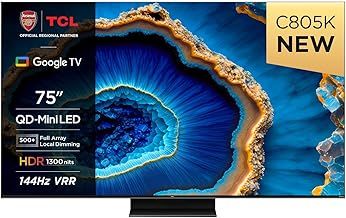TCL 75C805K 75-inch QLED Mini LED, Full Array 4K HDR Premium 1300nits, Smart Gaming TV Powered by Google (Freesyncy Premium Pro, 144Hz Motion Clarity Pro, Dolby Vision IQ & Atmos, Onkyo sound)