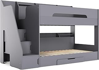 Double Bunk Beds for Kids, Staircase Bunk Bed with Storage, Heavy Duty and Sturdy, Cosy, Stylish, Space Saving Design (Grey)