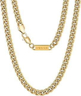 VEXXS Men's Gold Chain, 18K Real Gold Plated Miami Cuban Link Chain, Durable No Color Fading 3mm 4mm 6mm Men’s Necklace Chain Urban Fashion Street Wear