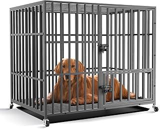 BingoPaw Heavy Duty Dog Crate: 46 inch Extra Large Pet Cage on Wheels with Tear Resistant Square Tube - Metal Military Puppy Cages with 2 Prevent Escape Lock and Tray Black XXL (117x84x86.5cm)