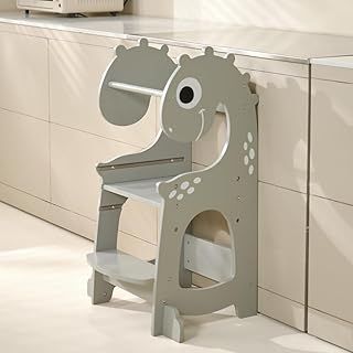 Kidoz Kitchen Tower with Adjustable Step, Toddler Learning Tower Step Stool Kitchen Standing Tower Helper, Adjustable for Kids from 18 months to 5 Years Dinosaur (Dino (Grey))
