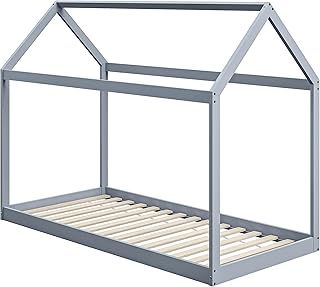 HOMCOM Single Bed Frame, House Scandinavian Style Wooden Bed Frame for 90W x 190Dcm Mattress, Pine Wood Bed Base, Grey